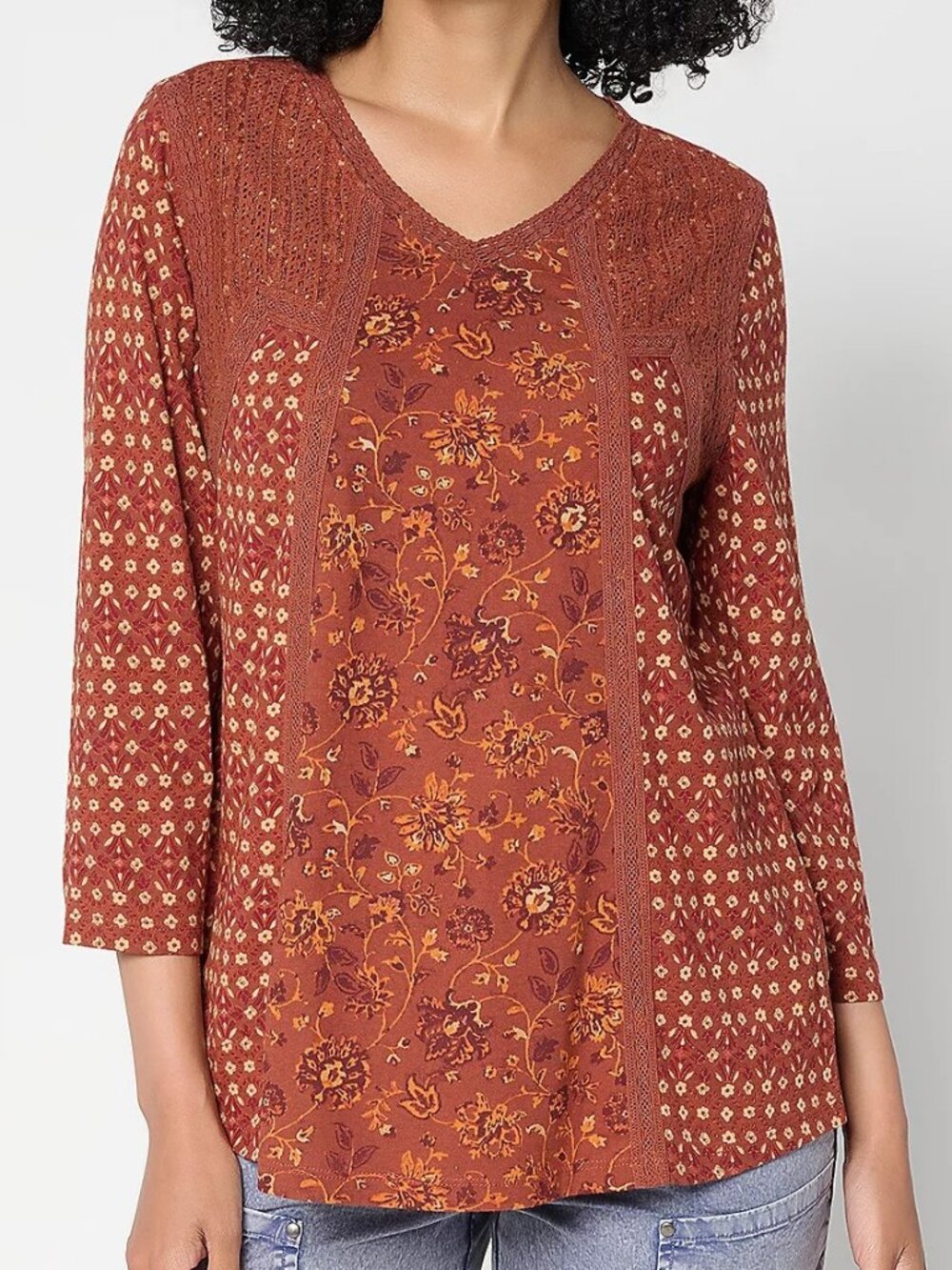 Logo Lavish Spice Brown Printed Pieced Lace Detail 3/4 Sleeve Pockets 3X